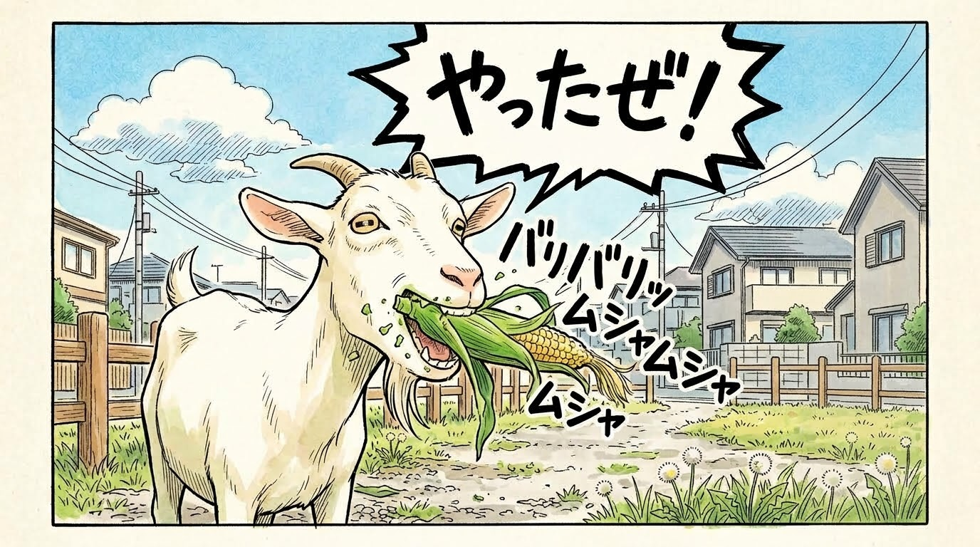 トウモロコシをバリバリ食べるヤギ