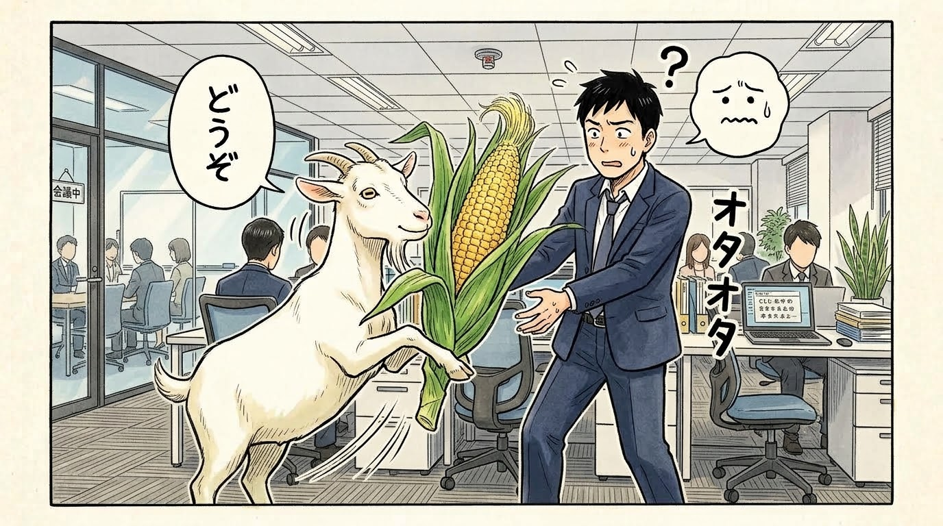 とうもろこしを人に勧めるヤギ